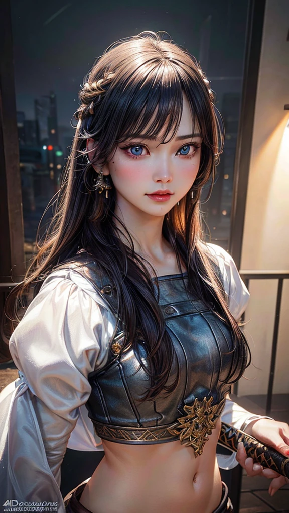 a woman warrior holding a sword,beautiful detailed eyes,beautiful detailed lips,extremely detailed eyes and face,longeyelashes,1girl,digital painting,hyperrealistic,extremely detailed,artstation contest winner,by raymond han,alexey egorov,exposed belly button,covered in blood,(best quality,4k,8k,highres,masterpiece:1.2),ultra-detailed,(realistic,photorealistic,photo-realistic:1.37),vivid colors,studio lighting,professional