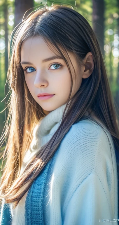 Portraiture, high quality, Ukrainian fairy winter snow in the forest through the trees About 10 years old, blue eyes, Smooth Skin, ((最high quality, 8k, masterpiece :1.3)), One girl, pretty girl , Casual clothing :1.2, in the forest, Highly detailed face, Detailed eyes, double eyelid