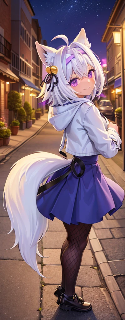 masterpiece, best quality, back alley background, night, light post, 1girl, solo, filian, white hair, short hair, ahoge, animal ears, hair bell, hairband, big gorgeous purple eyes, grin, white fluffy fox tail, lavander jacket with hoodie, blue skirt, black leg fishnet stockings, full body pose, innocent pose