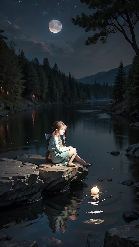 Little sad fairy sitting on a rock by a river lit by the full moon at night