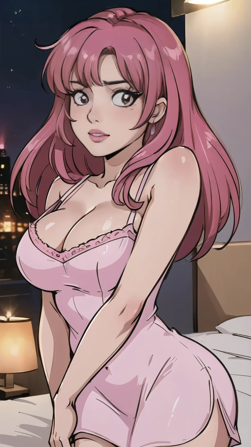 photo of mlp Meowko, RAW, (front view portrait: 1.25), beautiful woman, ((portrait)), ((detailed face:1.2)), ((detailed facial feature, neutral expression, detailed skin, shiny luscious lips, clear skin), (long pink hair, bright pink hair, bangs: 1.55), (perfect proportioned body, narrow waist, narrow hips, skinny, massive breasts, arms crossed, boob squeeze, cleavage), (wearing a night dress: 1.45), (cozy bedroom, evening), (realistic photo, best quality, detailed), (8k wallpaper), (cinematic lighting, beautiful light, (day:1.3)) (sharp focus, intricate)