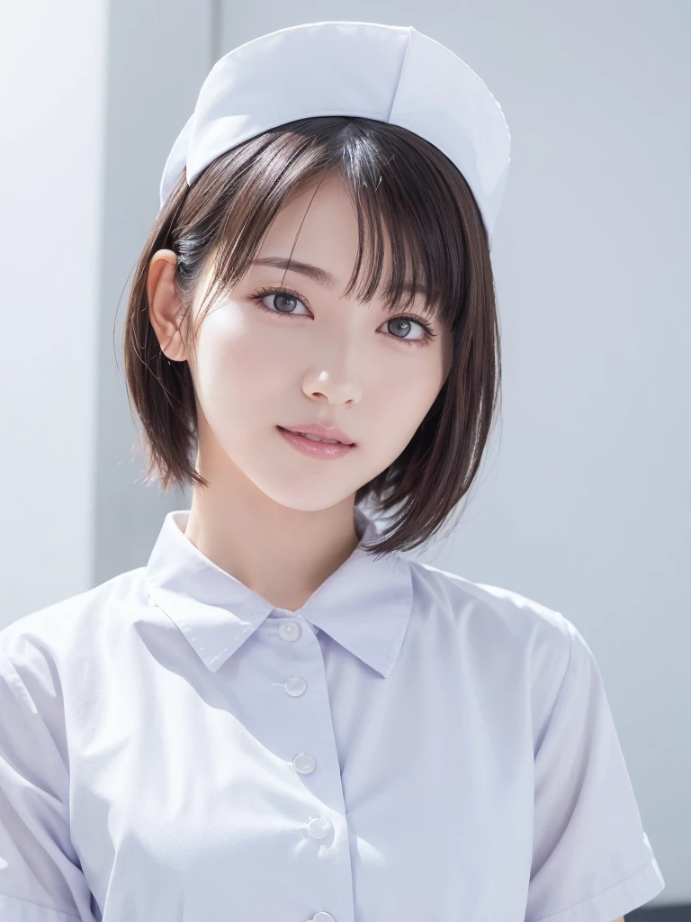 1. Pure Woman,(Wearing white nurse clothes:1.2),(RAW Photos, Highest quality), (Realistic, photo-Realistic:1.4), masterpiece, A very delicate and beautiful 25-year-old woman, Very detailed, Great Skin, Detailed face, Cool smile、Clean look、 Sparkling eyes, double eyelid, Ample breasts、High resolution, Soft Light, Beautiful detailed girl, Very detailed eyes and face, Beautiful and sophisticated nose, nurse, Perfect Anatomy, Black Hair, Upstyle, nurse uniform, ((nurse cap)), hospital, clear, White Uniform, hospital room, ((High resolution)),  short hair, bangs,Face Focus、