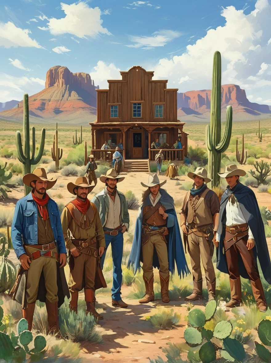 A picturesque role-playing scene，The majestic wild landscape of Arizona is in the background。Let&#39;s imagine，The endless desert plains are bathed in the warm golden light of the setting sun，Cacti dot the horizon。A group of people from different origins，Middle Eastern people、Hispanics and South Asians，A lively role-playing game is in progress。Their clothing ranges from cowboy to pioneer，Each adds to the country charm。In the distance stands a typical Western-style wooden bar.，Adds a touch of realism to the scene。