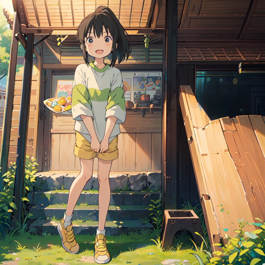 (masterpiece:1.4)、(Highest quality:1.4)、(High resolution:1.4)、Front facing the viewer、Serious face、Focus on the face、Chihiro Ogino、ponytail、Long Arm Shirt、Shorts、Yellow Shoes、Outdoor、East Asian architecture、smile、;d、colorful、High contrast