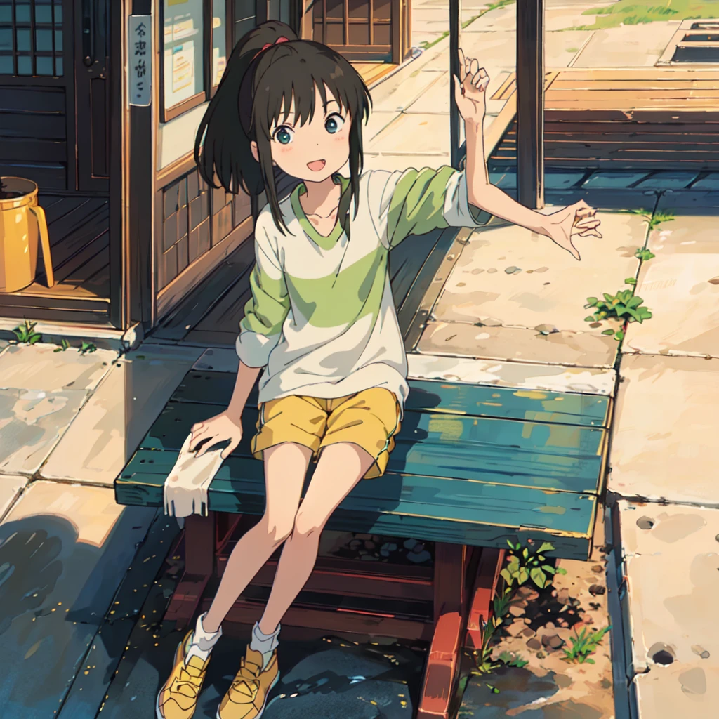 (masterpiece:1.4)、(Highest quality:1.4)、(High resolution:1.4)、Front facing the viewer、Serious face、Focus on the face、Chihiro Ogino、ponytail、Long Arm Shirt、Shorts、Yellow Shoes、Outdoor、East Asian architecture、smile、;d、colorful、High contrast