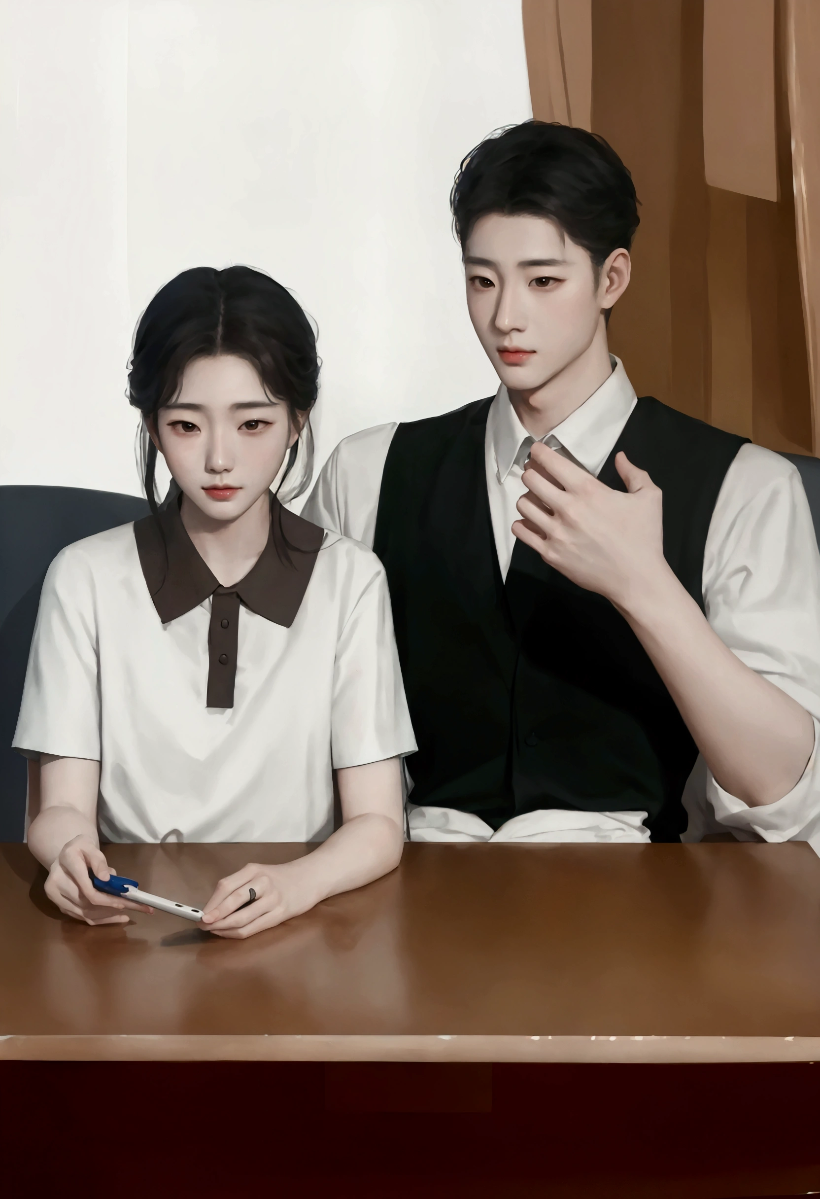 Painting of a man and woman sitting at a table with a cell phone, High quality fan art, Inspiration from Zhang Han, By Yang J, Inspired by Sim Sa Jung, Artwork in the style of gouache, realistic. Cheng Yi, realistic artstyle, Inspired by Ma Yuanyu, In the art form of the pond, realistic picture, Realistic art style