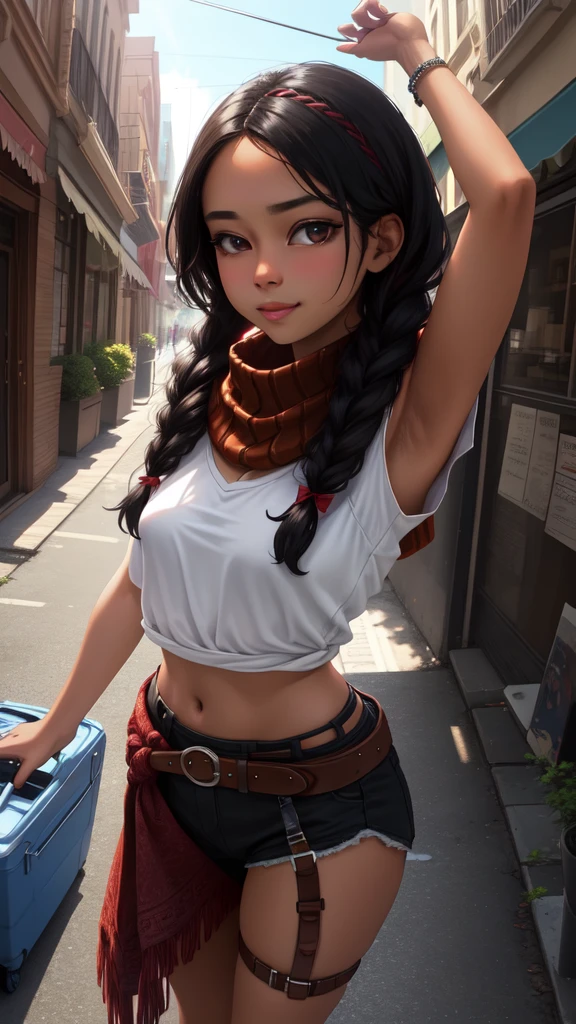 Kimberly, black hair, brown eyes,  long braids,   two-tone hair, 
bow hairband, red shirt, puffy short sleeves, midriff , arm wrap, black hip vent, scarf, black legwear, 
standing, upper body,  
streets, night, graffiti,  urban, 
 looking at viewer,  grin, 
(insanely detailed, beautiful detailed face,beautiful detailed eyes, masterpiece, best quality), solo, absurdres, highres, ultra detailed,
BREAK
, Create an image using a prism effect, with light refracting and creating a colorful, kaleidoscopic appearance.
BREAK
, Design an image with a fisheye lens effect, capturing a wide field of view with a distinctive, curved perspective.
BREAK
, Capture a city scape, with towering buildings, dappled sunlight, and a sense of tranquility and natural beauty.
BREAK
, Illustrate a vivid world, using spray paint shades to convey depth, emotion, and a striking visual impact, 