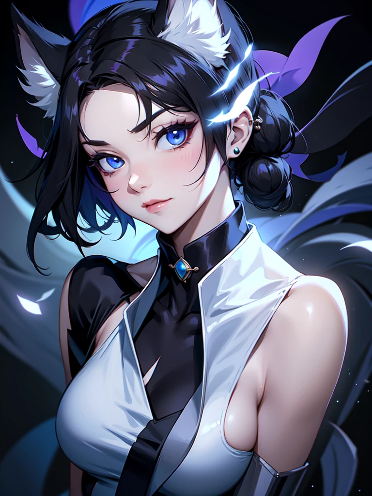 (((Portrait Photo))), She has the Appearance of a Regal Teenager, with a Strong, Muscular Build and Pale Skin that Radiates Elegance. She has Long Black Hair, Styled in Odango-Shaped Buns with Slim Pigtails, which Resemble Wolf Ears. Her Icy Blue Eyes Reflect the Piercing Gaze of a Husky—Intense, Intelligent, and Unyielding. Her Expression is Calm and Composed, with a Subtle, Knowing Smirk, Perfectly Embodying the Essence of Pride and Excellence. (((High Quality, Dark Background))), (((Portrait Photo)))