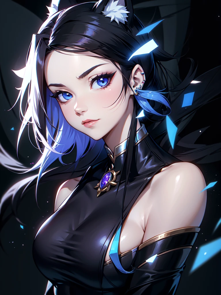 (((Portrait Photo))), She has the Appearance of a Regal Teenager, with a Strong, Muscular Build and Pale Skin that Radiates Elegance. She has Long Black Hair, Styled in Odango-Shaped Buns with Slim Pigtails, which Resemble Wolf Ears. Her Icy Blue Eyes Reflect the Piercing Gaze of a Husky—Intense, Intelligent, and Unyielding. Her Expression is Calm and Composed, with a Subtle, Knowing Smirk, Perfectly Embodying the Essence of Pride and Excellence. (((High Quality, Dark Background))), (((Portrait Photo)))