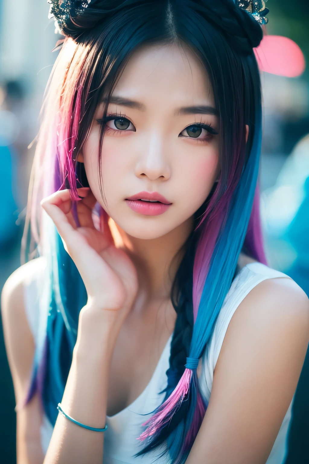 (I got hurt、Injured、bandage)、high quality, High resolution, masterpiece, completion, detailed.impressive, Cutting-edge female photography portraits, Showcasing a bold and daring street-art style. Facing forward、cyan, and purple, Her vibrant makeup really catches the eye.. Her colorful hair is tied up high, Blue and pink hues in harmony. 背景には蛍光クロムイエローand purpleの魅惑的なグラデーションが施されています, Blends seamlessly with the dynamic colors of your subject. An unforgettable image
