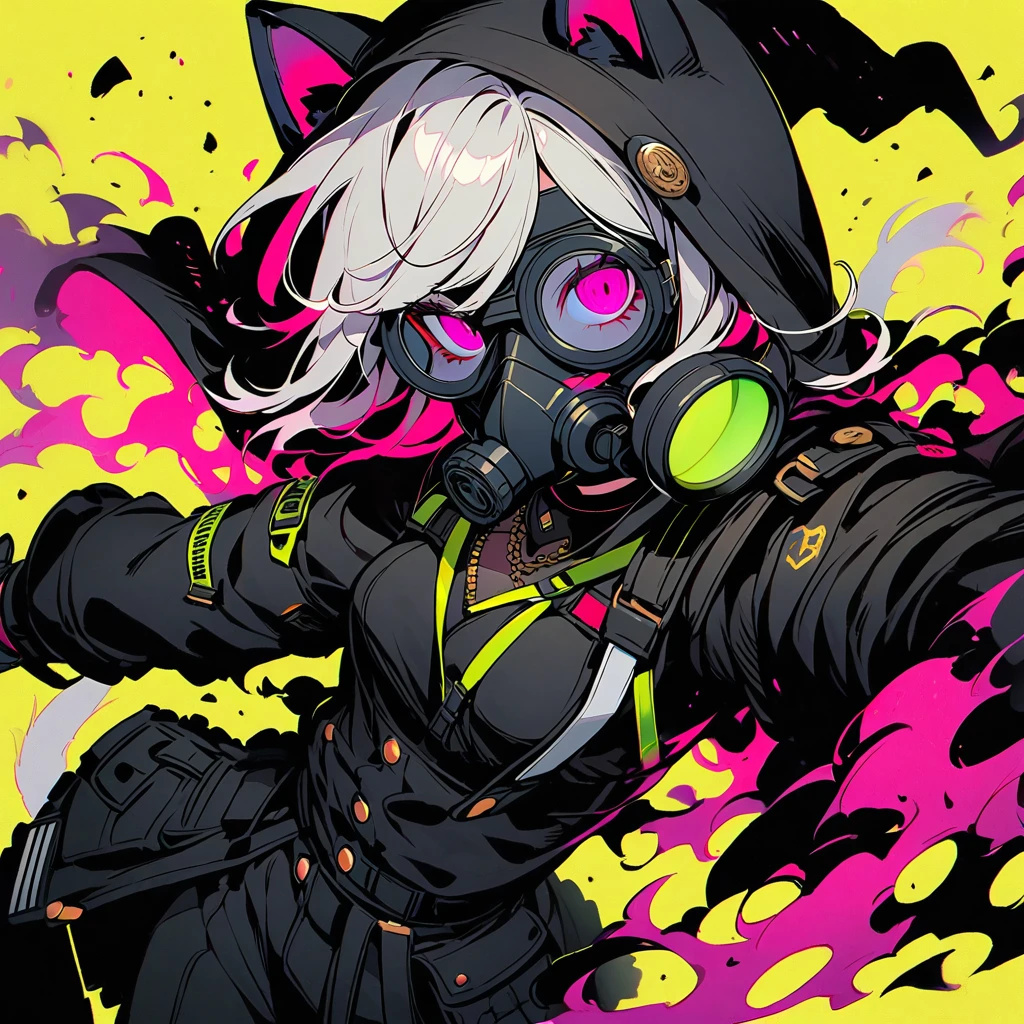 (well done: 1) one woman, shoulder-length white hair with black streaks, white cat ears and white cat tail, pink eyes, circular lens glasses with light green lenses, gas mask, The gas mask is predominantly black. There are metal spikes protruding from the front of the mask. The two side filters are highlighted with a bright yellow background and a black biohazard symbol. The straps appear to be invited to ensure the mask stays securely on your face, black choker, black hood, black gloves, black pants, black boots.