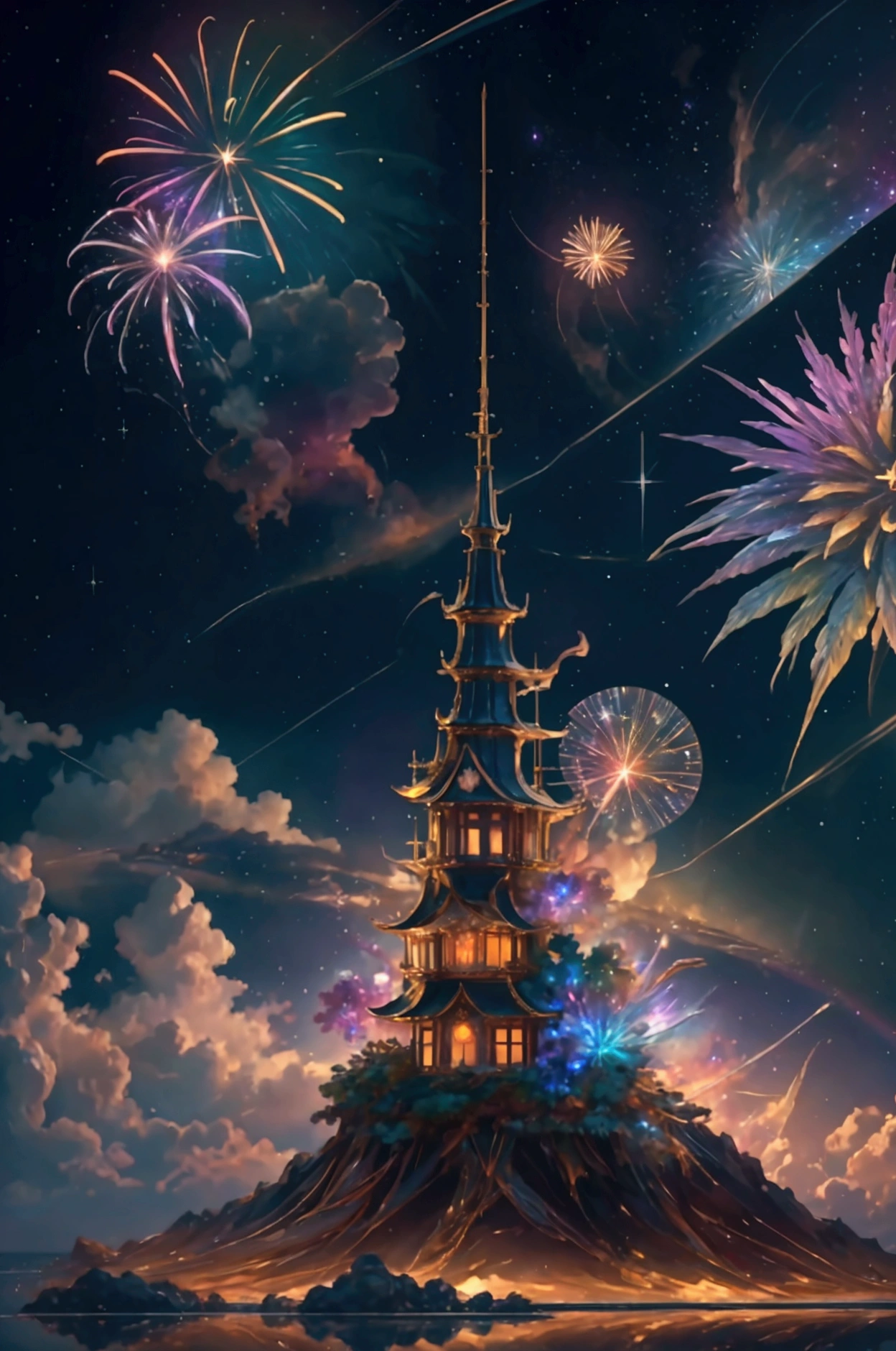 The world we see、Iridescent幻想的なNight Sky、constellation,Mysterious Landscape、firework、firework大会、Iridescentfireworkが打ちあがっている瞬間、夜nullとともに、幻想的な海景色で壮大なfirework、future都市、Highest quality、masterpiece, (Diffuse reflection of light:1.2), When the fantastic rainbow turns into shadow, bathed in a mystical atmosphere.Cast magic spells. evoke a sense of wonder and awe. A fusion of natural grandeur and magic, Weaving dreams into reality. Behold, null, And the unknown, wonderful風景、 Iridescentconstellation、Iridescent空包み込まれそうな瞬間,When the stars shine in rainbow colors、Astronomical Observation、Planetarium、meteor、colorful,美しいconstellation、3D,wonderful景色,Night Sky,An atmosphere full of dreams and hope,masterpiece.16K, Ultra-high resolution, to be born,wonderful ,future、Iridescent、The world 30 years from now。
