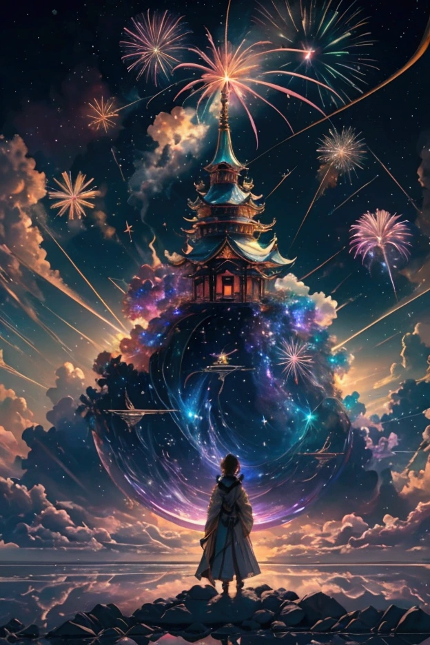The world we see、Iridescent幻想的なNight Sky、constellation,Mysterious Landscape、firework、firework大会、Iridescentfireworkが打ちあがっている瞬間、夜nullとともに、幻想的な海景色で壮大なfirework、future都市、Highest quality、masterpiece, (Diffuse reflection of light:1.2), When the fantastic rainbow turns into shadow, bathed in a mystical atmosphere.Cast magic spells. evoke a sense of wonder and awe. A fusion of natural grandeur and magic, Weaving dreams into reality. Behold, null, And the unknown, wonderful風景、 Iridescentconstellation、Iridescent空包み込まれそうな瞬間，When the stars shine in rainbow colors、Astronomical Observation、Planetarium、meteor、colorful，美しいconstellation、3D，wonderful景色，Night Sky，An atmosphere full of dreams and hope，masterpiece．16K, Ultra-high resolution, to be born,wonderful ,future、Iridescent、The world 30 years from now。