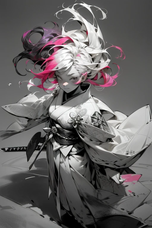 Designed by nty, A woman is, (Albino demon girl standing, long and complex horns:1.2, multicolored clothing), Complicated details, coloured background, Abstract