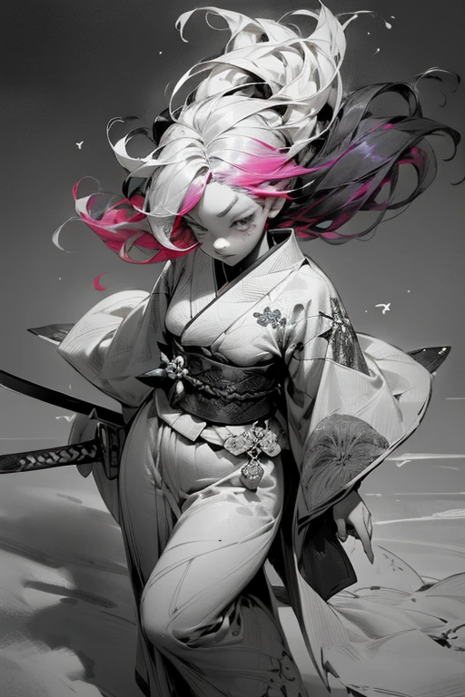 (Ink wash painting:1.5),(monochrome:1.5),(greyscale:1.5),cinematic_angle,landscape,(japanese sword:1.1),(snow field:1.3),snowflakes,(obi:1.3),(kimono:1.1),(sword fight:1.3),(bird's -eye view:1.2),extremely detailed CG unity 8k wallpaper,ultra detail texture,ultra detail hair,(natural skin texture, highly detailed face and eyes),ultra high res,masterpiece,best quality,RAW photo,wide hips,shiny skin,gradient hair,multicolored hair,flipped hair,natural skin texture,((multicolored hair:1.3),(milky white hair:1.2),pink hair,red hair,purple hair),tattoo,
