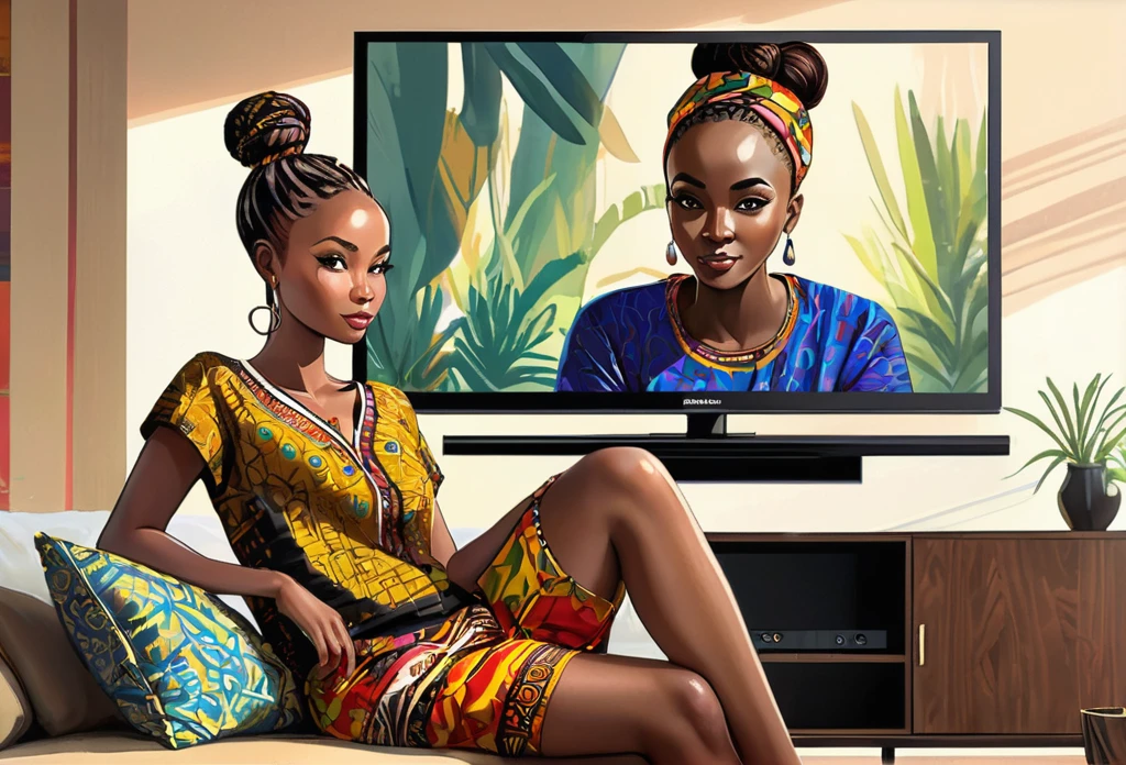 a slim woman (size 8-10) wearing an African cute outfit with a bun on her head resting on her husband body, he is wearing dark shorts and shirt, watching TV, in a nice modern sitting room, plasma tv. 
African (masterpiece best quality:1.2) delicate illustration ultra-detailed, illustrations, bright, colourful, 