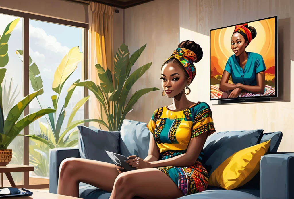 a slim woman (size 8-10) wearing an African cute outfit with a bun on her head resting on her husband body, he is wearing dark shorts and shirt, watching TV, in a nice modern sitting room, plasma tv. 
African (masterpiece best quality:1.2) delicate illustration ultra-detailed, illustrations, bright, colourful, 