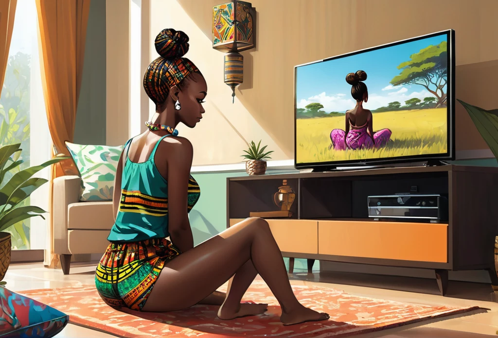 a slim woman (size 8-10) wearing an African cute outfit with a bun on her head resting on her husband body, he is wearing dark shorts and shirt, watching TV, in a nice modern sitting room, plasma tv. 
African (masterpiece best quality:1.2) delicate illustration ultra-detailed, illustrations, bright, colourful, 