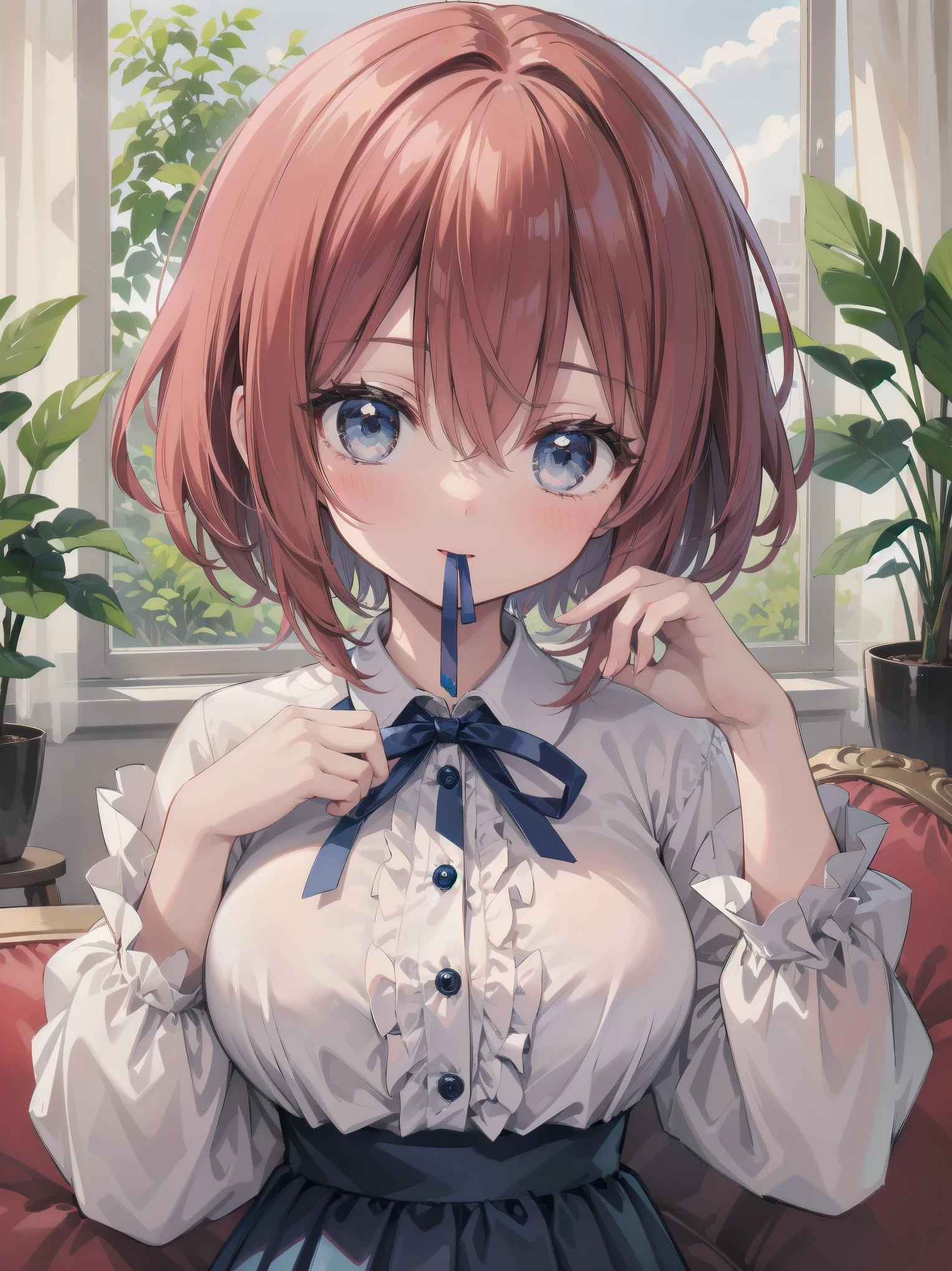 Scene Description: - Composition: Portrait. Focus on the face. Shot from the front. - Subject: Cute girl. (Chibi:1.1). Real person. - Features: - Face: (Cute round face:1.2). - Eyes: Detailed dark blue eyes. - Hair: One-leg bob-cut hair down the front with a large ribbon hairpiece, (golden hair), (red inner hair), auburn hair, hair between the eyes. - Body: Detailed slender body. Large breasts. - Clothing: Pink ruffled blouse, flares, blue ribbon tie, long ruffled sleeves, layered skirt. - Expression: happy expression. Mouth open. - Pose: head tilted back. She is looking at the viewer. - Background: living room of a trendy café. - Elements: Houseplants. Cute pastel sofa. Cute pastel curtains. Cute pastel-colored wallpaper. Time: Daytime. Lighting: (Natural light: 1.4). Art Style: Watercolor. Traditional media. Quality: Intricate details. Highly detailed. Outstanding complexity. (Masterpiece: 1.2). (Highest quality: 1.2). (Absurd absolute resolution: 1.4). Mood: Calm,