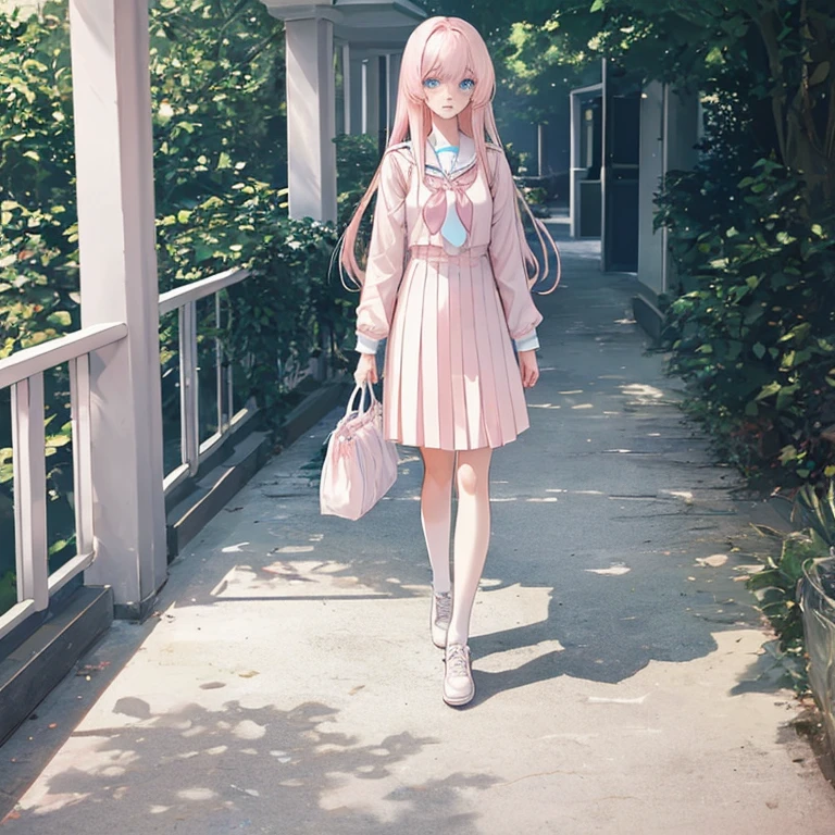 Light pink hair、Clear, beautiful light blue eyes、Wearing a uniform、So that your whole body can be seen、Walking through school、I have a bag