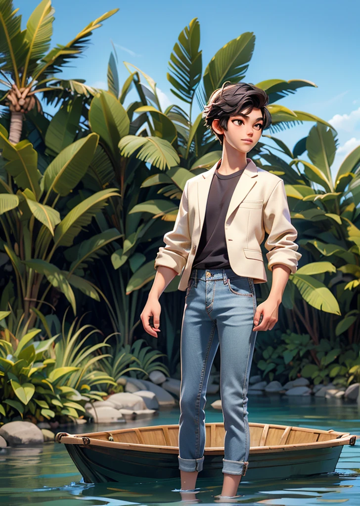 1 man in Japan、16 years old、good looking、wheat-colored skin、white T-suits、jeans、On a boat floating on a big river、Tropical plants and palm trees on the riverbank、perfect lighting、sharp focus、High definition、high resolution、High color rendering、High resolution、Super realistic、photo realistic