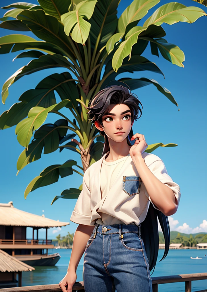 1 man in Japan、、good looking、wheat-colored skin、white T-suits、jeans、On a boat floating on a big river、Tropical plants and palm trees on the riverbank、perfect lighting、sharp focus、High definition、high resolution、High color rendering、High resolution、Super realistic、photo realistic