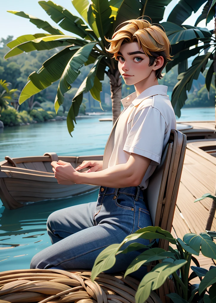 1 man in Japan、、good looking、wheat-colored skin、white T-suits、jeans、On a boat floating on a big river、Tropical plants and palm trees on the riverbank、perfect lighting、sharp focus、High definition、high resolution、High color rendering、High resolution、Super realistic、photo realistic
