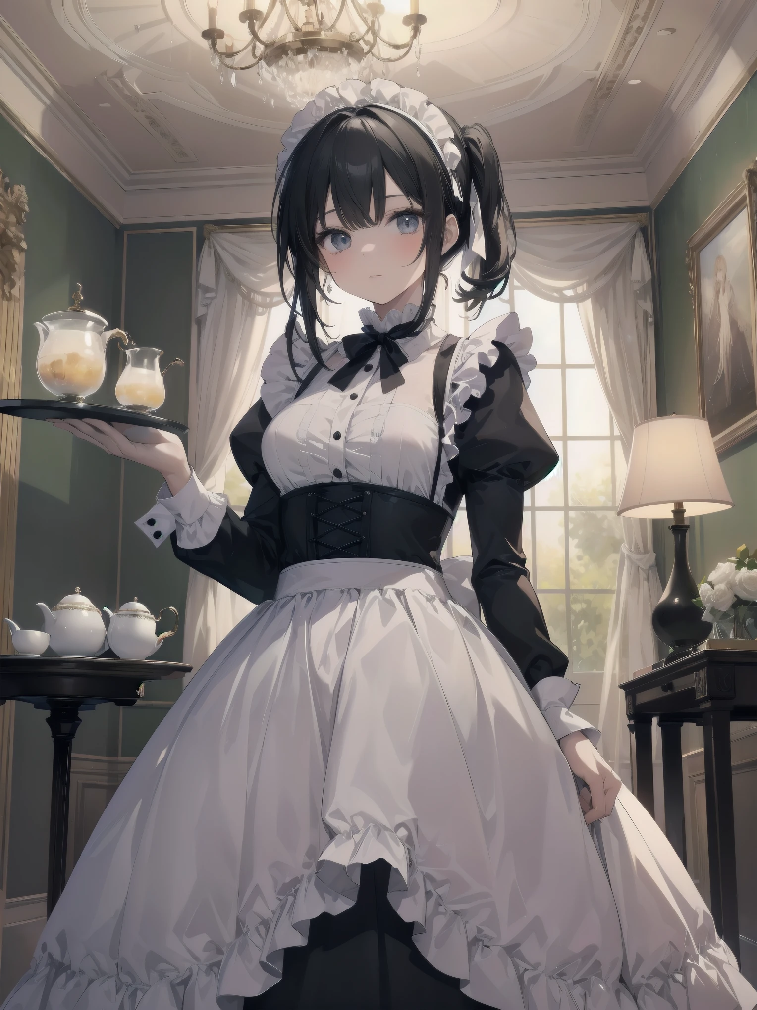Illustration of a beautiful girl in a cute pose,(Masterpiece: 1.2), (Best quality: 1.2), A cute girl with long black hair, dressed in a classic black and white maid outfit with frilly lace and a matching headband, is standing in a beautifully decorated Victorian-style parlor. She is holding a silver tray with a teapot and teacup, her expression a mix of professionalism and warmth. The background includes ornate furniture, a chandelier, and large windows with heavy drapes, all bathed in soft afternoon light. This illustration emphasizes the elegant and welcoming atmosphere of a high-class tea service
