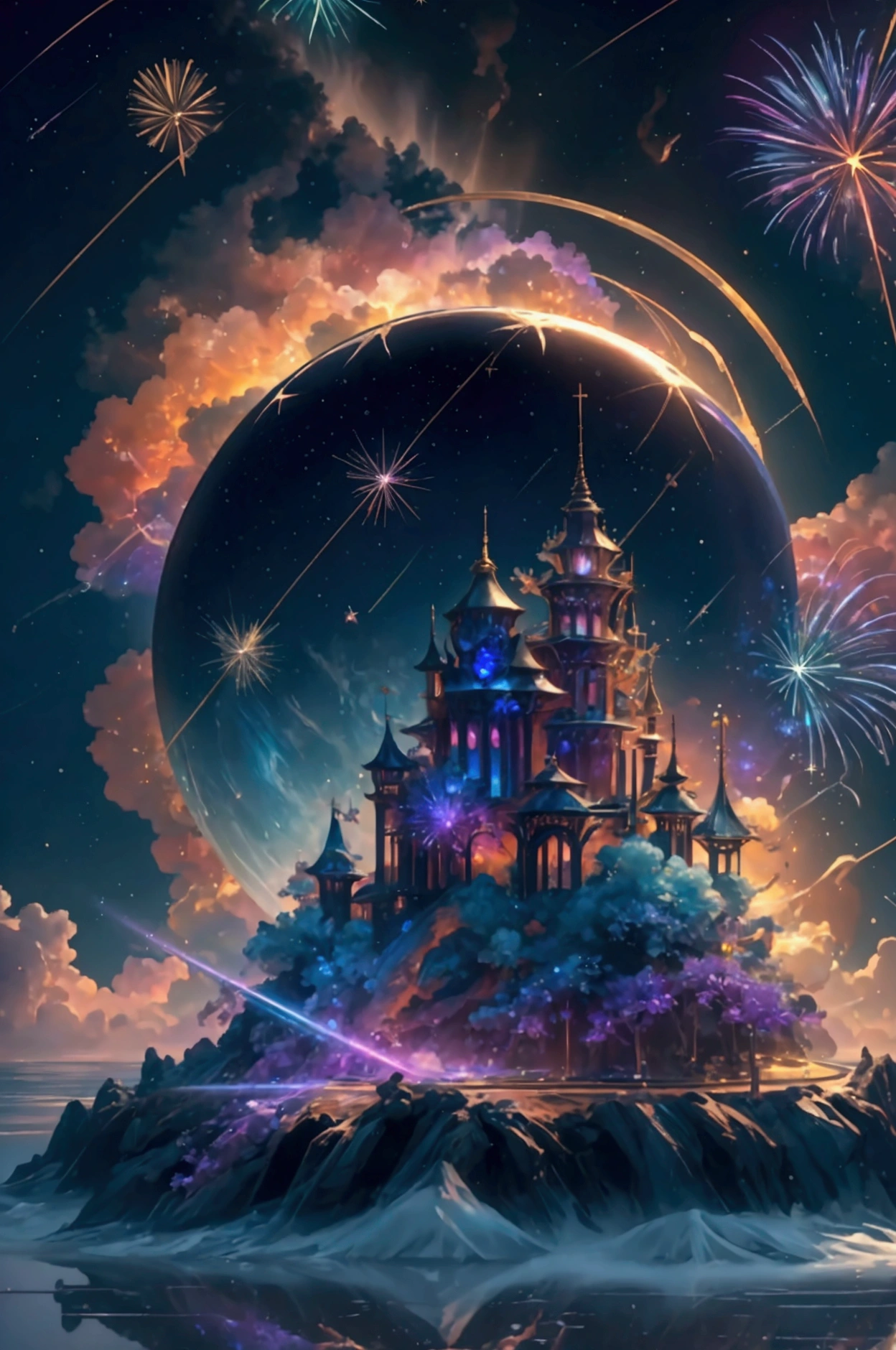The world we see、Iridescent幻想的なNight Sky、constellation,Mysterious Landscape、firework、firework大会、Iridescentfireworkが打ちあがっている瞬間、夜nullとともに、幻想的な海景色で壮大なfirework、future都市、Highest quality、masterpiece, (Diffuse reflection of light:1.2), When the fantastic rainbow turns into shadow, bathed in a mystical atmosphere.Cast magic spells. evoke a sense of wonder and awe. A fusion of natural grandeur and magic, Weaving dreams into reality. Behold, null, And the unknown, wonderful風景、 Iridescentconstellation、Iridescent空包み込まれそうな瞬間,When the stars shine in rainbow colors、Astronomical Observation、Planetarium、meteor、colorful,美しいconstellation、3D,wonderful景色,Night Sky,An atmosphere full of dreams and hope,masterpiece.16K, Ultra-high resolution, to be born,wonderful ,future、Iridescent、The world 30 years from now。