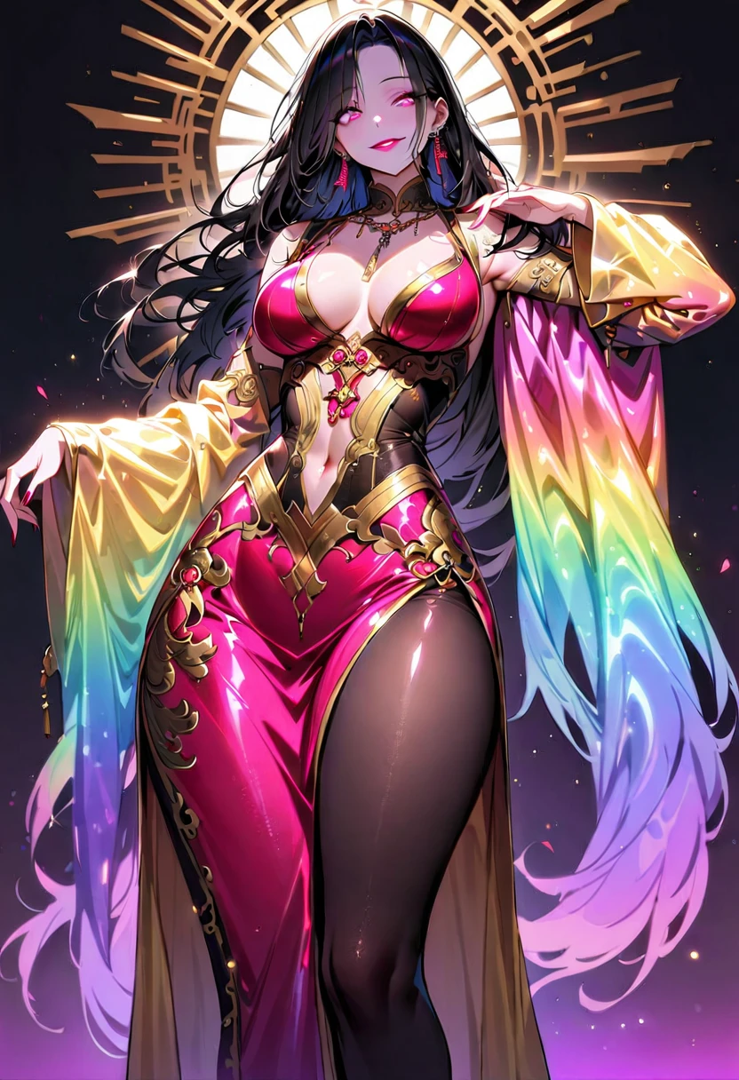 1 mature beautiful woman,(Highest quality,Extremely detailed depiction,Incredibly absurd high resolution,Anatomically accurate depiction,Curvy Legs,Detailed pupil),(Glowing Skin,Shiny skin),(A charming Chinese noble lady),(The intricately constructed costume of a Chinese goddess,See-through,Intricate embroidery,Shiny fabric,Rainbow gradient sleeves,black tights),eyelash,(Pink Eyes,Crazy Eyes,There is cleavage in the chest,Wicked Smile,Glossy Red Lips,Flashy makeup,Seductive gestures),Luxury accessories,earrings,necklace,whole body,background:Chinese-style mansion
