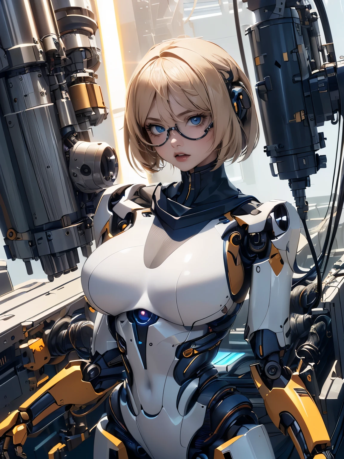 (((a humanoid has mechanical body with emit rays from many large lenses on her stylish designed body, exterior is fully cowl))), replacing breasts with lenses, (cables, round face, short hair, in a huge factory), drooping eyes, machine legs, aerial angle,