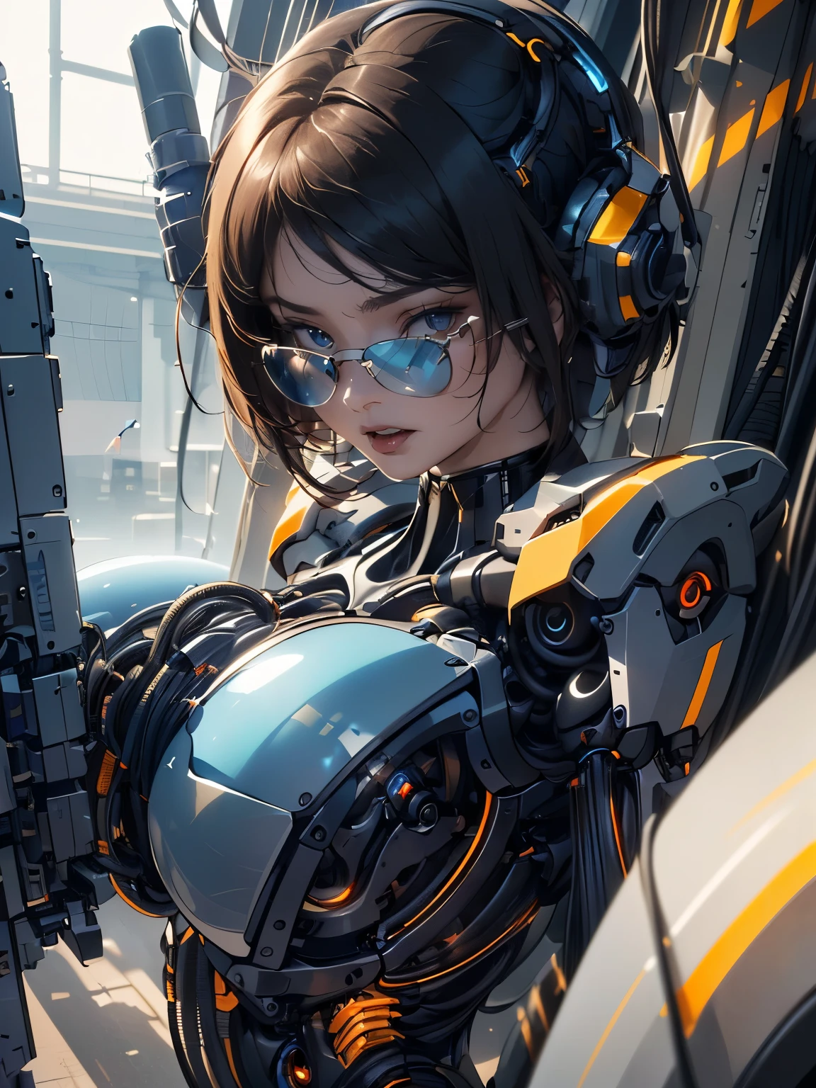(((a humanoid has mechanical body with emit rays from many large lenses on her stylish designed body, exterior is fully cowl, face guard))), replacing breasts with lenses, (cables, round face, short hair, in a huge factory), drooping eyes, machine legs, aerial angle,