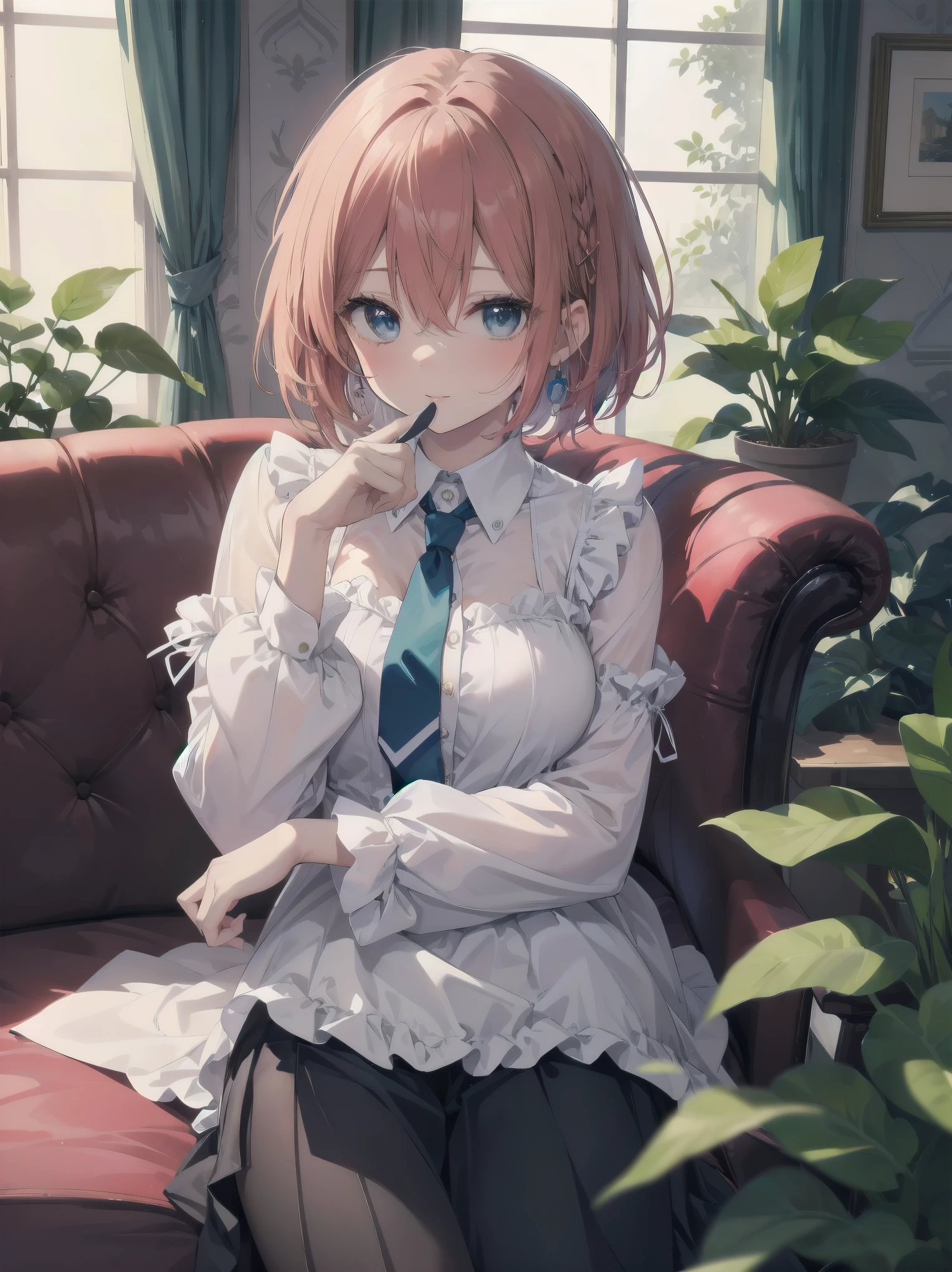 Scene Description: - Composition: Portrait. Focus on the face. Shot from the front. - Subject: Cute girl. (Chibi:1.1). Real person. - Features: - Face: (Cute round face:1.2). - Eyes: Detailed dark blue eyes. - Hair: One-leg bob-cut hair down the front with a large ribbon hairpiece, (golden hair), (red inner hair), auburn hair, hair between the eyes. - Body: Detailed slender body. Large breasts. - Clothing: Pink ruffled blouse, flares, blue ribbon tie, long ruffled sleeves, layered skirt. - Expression: happy expression. Mouth open. - Pose: head tilted back. She is looking at the viewer. - Background: living room of a trendy café. - Elements: Houseplants. Cute pastel sofa. Cute pastel curtains. Cute pastel-colored wallpaper. Time: Daytime. Lighting: (Natural light: 1.4). Art Style: Watercolor. Traditional media. Quality: Intricate details. Highly detailed. Outstanding complexity. (Masterpiece: 1.2). (Highest quality: 1.2). (Absurd absolute resolution: 1.4). Mood: Calm,