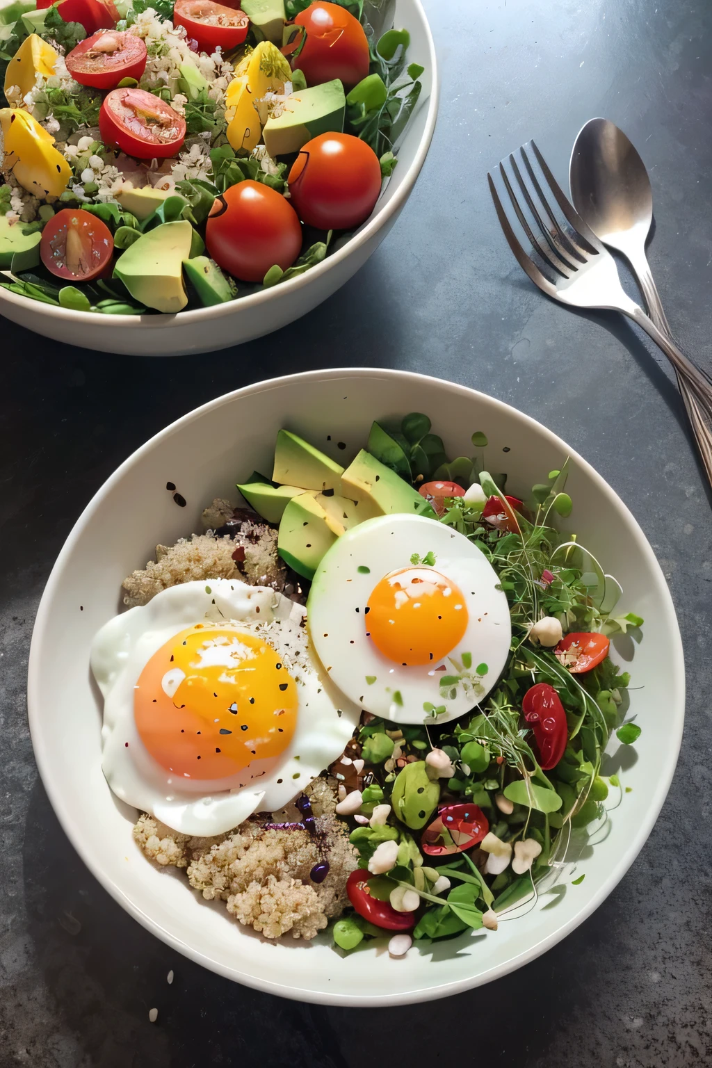 Healthy breakfast bowl: A colorful breakfast bowl filled with quinoa, avocado slices, cherry tomatoes, poached eggs, and a sprinkle of microgreens.