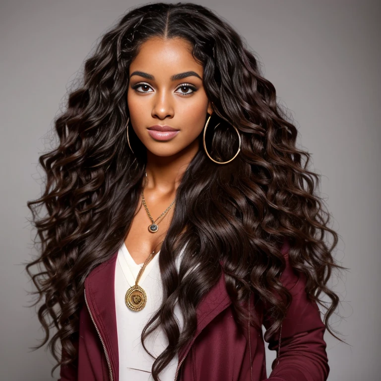 Create a hyper-realistic portrait of a young woman with long, dark curly hair styled naturally with a portion pulled up under a burgundy hood. She has radiant brown skin, large expressive eyes with well-defined eyebrows, and a delicate nose ring on her left nostril. Her lips are full and glossy. She is wearing large hoop earrings and a necklace with a rose pendant. Her expression is soft and slightly pensive. The background is slightly blurred, highlighting her distinctive features and expression.