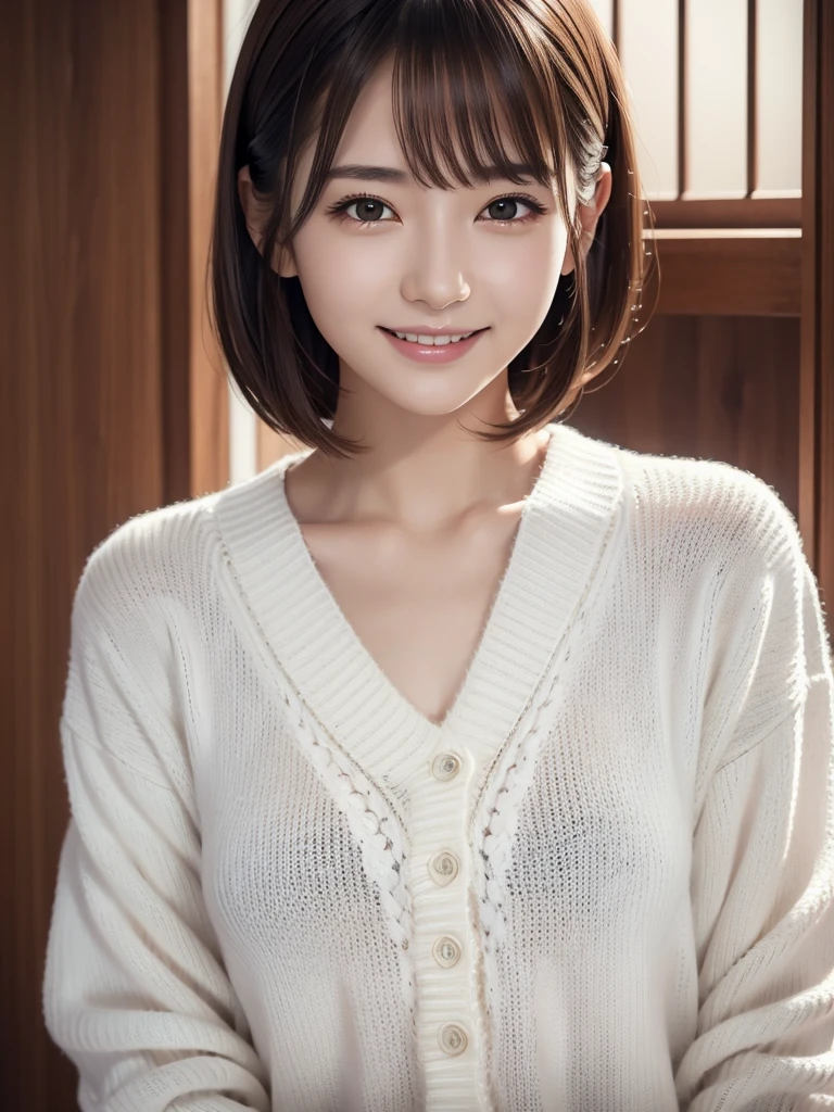 1 Japanese girl,(White sweater:1.4), (RAW Photos, Highest quality), (Realistic, Realistic:1.4), Tabletop, Very delicate and beautiful, Very detailed, 8k wallpaper, wonderful, In detail, Very detailedなCG Unity, High resolution, Soft Light, Beautiful Details 19 years old, Very detailedな目と顔, Beautiful and detailed nose, Beautiful details,Cinema Lighting,Perfect Anatomy,Slender body,smile  (Asymmetrical bangs,)