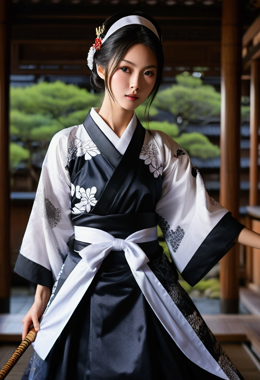 Maid、Female Warrior、Shooting Maid、Beautiful and delicate maid wearing traditional Japanese kimono、(Maid's movements are expressed with a motion blur effect:1.5)、Dark and gloomy temple background at night、(highest quality、4K、8k、High resolution、masterpiece:1.2)、Super detailed、(Real、Photorealistic、Photorealistic:1.37)、Detailed Maid、Dark and moody lighting、Cinematic composition、Highly detailed intricate patterns on kimono、Flowing fabric movement、Dramatic shadows and highlights、A calming color palette、Samurai girl