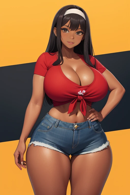 Black dark skin young woman, long straight brown hair with a black hair band, southern, wearing short daisy dukes and a red shirt with rolled up sleeves and tied in a knot, cleavage, huge hips, huge thighs