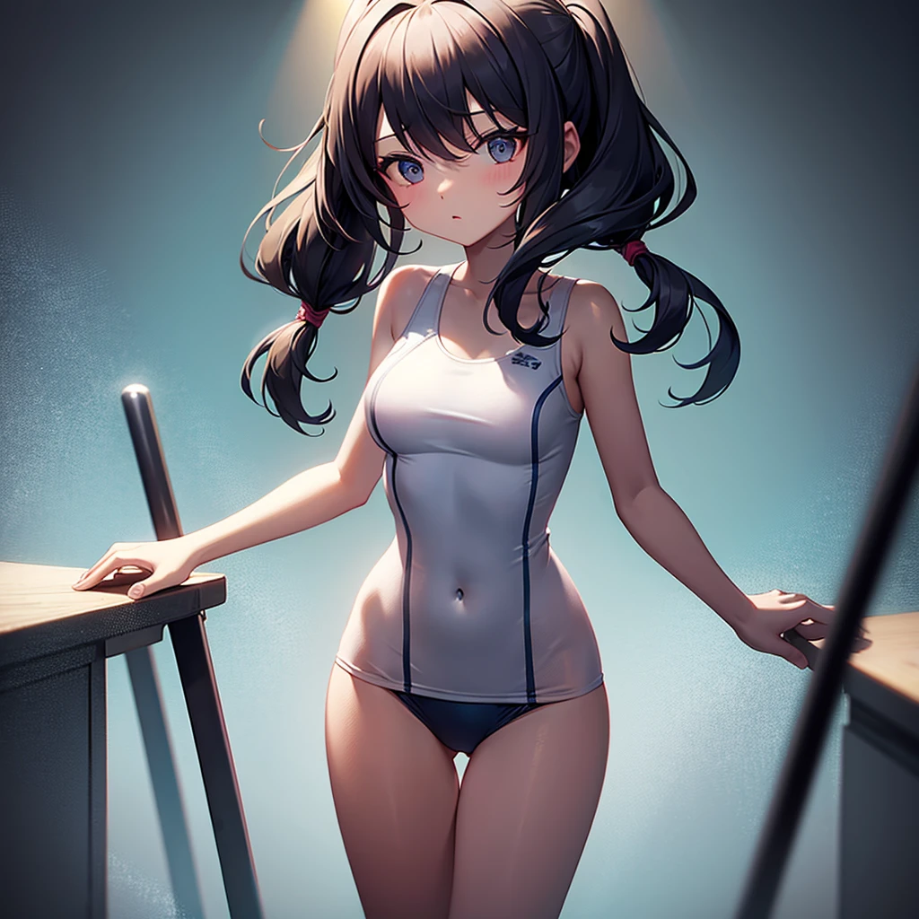 ((School Swimsuit)),,Top quality,(Dark Room), Subtle Light, Natural light,Soft lighting,Light from directly behind,(Are standing),Front view,Black background