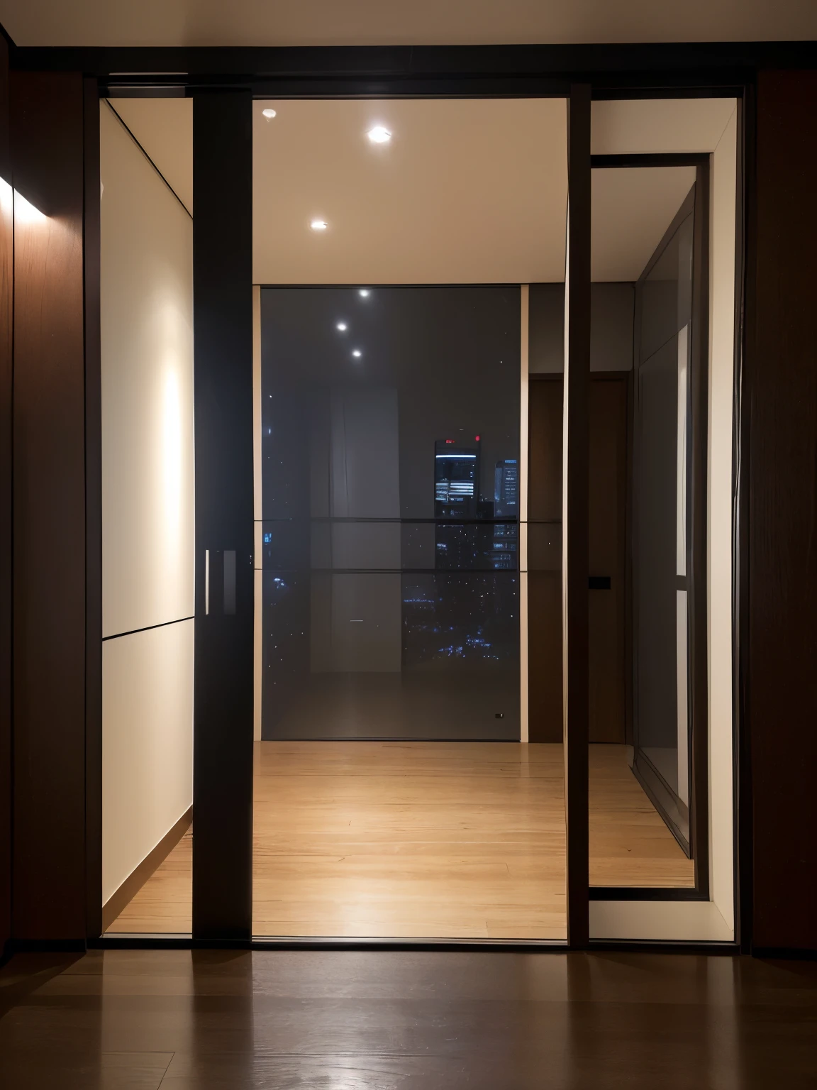 (masterpiece:1.1, Best Quality:1.1), (Photorealistic:1.3), (Bokeh), (High resolution, 8K wall paper), professional lighting, cinematic lighting, (apartment room, empty room, no furnitures:2.0, wooden floor, white walls, glass door), (((dark atmosphere, night view via glass door))), 