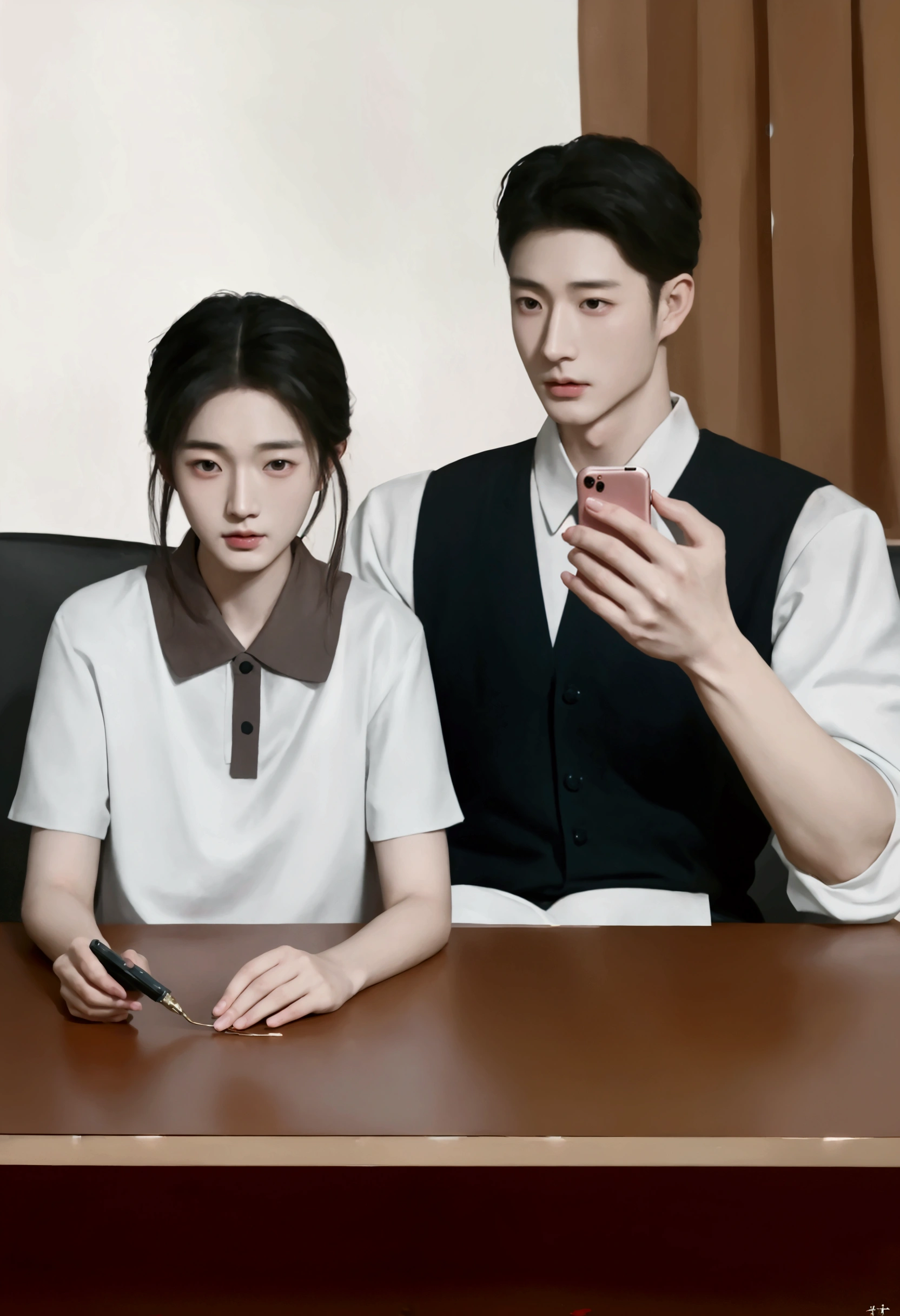 Painting of a man and woman sitting at a table with a cell phone, High quality fan art, Inspiration from Zhang Han, By Yang J, Inspired by Sim Sa Jung, Artwork in the style of gouache, realistic. Cheng Yi, realistic artstyle, Inspired by Ma Yuanyu, In the art form of the pond, realistic picture, Realistic art style
