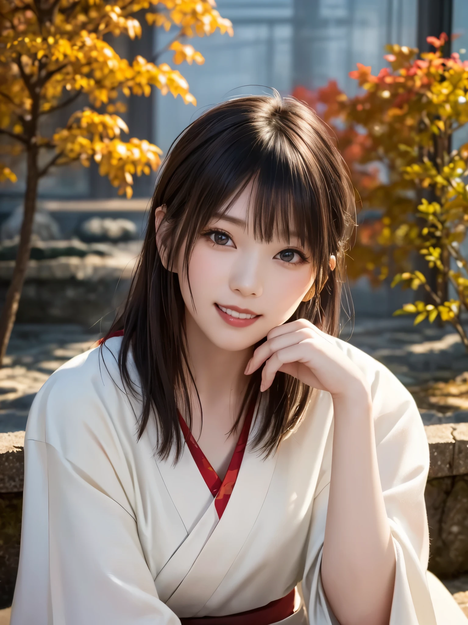 (Highest quality、8k、32K、masterpiece)、(Realistic)、(Realistic:1.2)、(High resolution)、Very detailed、Very beautiful face and eyes、(((Female solo shot)))、Frame In、Tight waist、(Highest quality、Attention to detail、Rich skin detail)、(Highest quality、8k、Oil paints:1.2)、(Realistic、Realistic:1.37)、Bright colors、(((Bust Shot)))、(((Medium Hair)))、(((smile)))、(((Black Hair)))、(((Red kimono)))、(((White and red kimono)))、(((Japanese garden)))、(((Autumn scenery)))、(((The appearance of a Japanese woman)))、