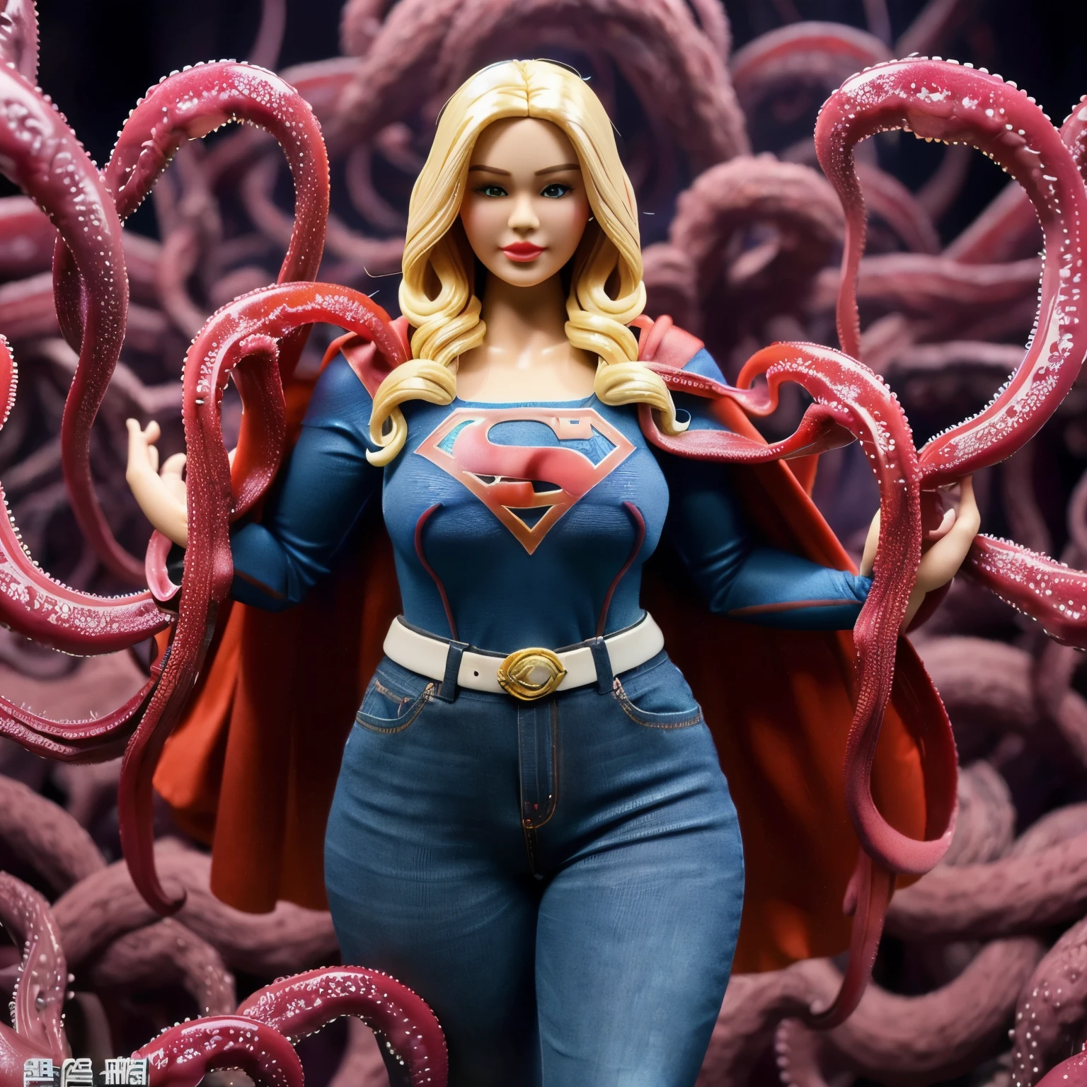 Supergirl、barbie doll collection、Exact Mattel product、A swarm of tentacles ahead、Very thick tentacles wrap around both arms、(Very thick tentacles in front of the crotch:1.6)、((Very thick tentacles wrap around the legs))、Gang Rape、(((Lots of tentacles)))、