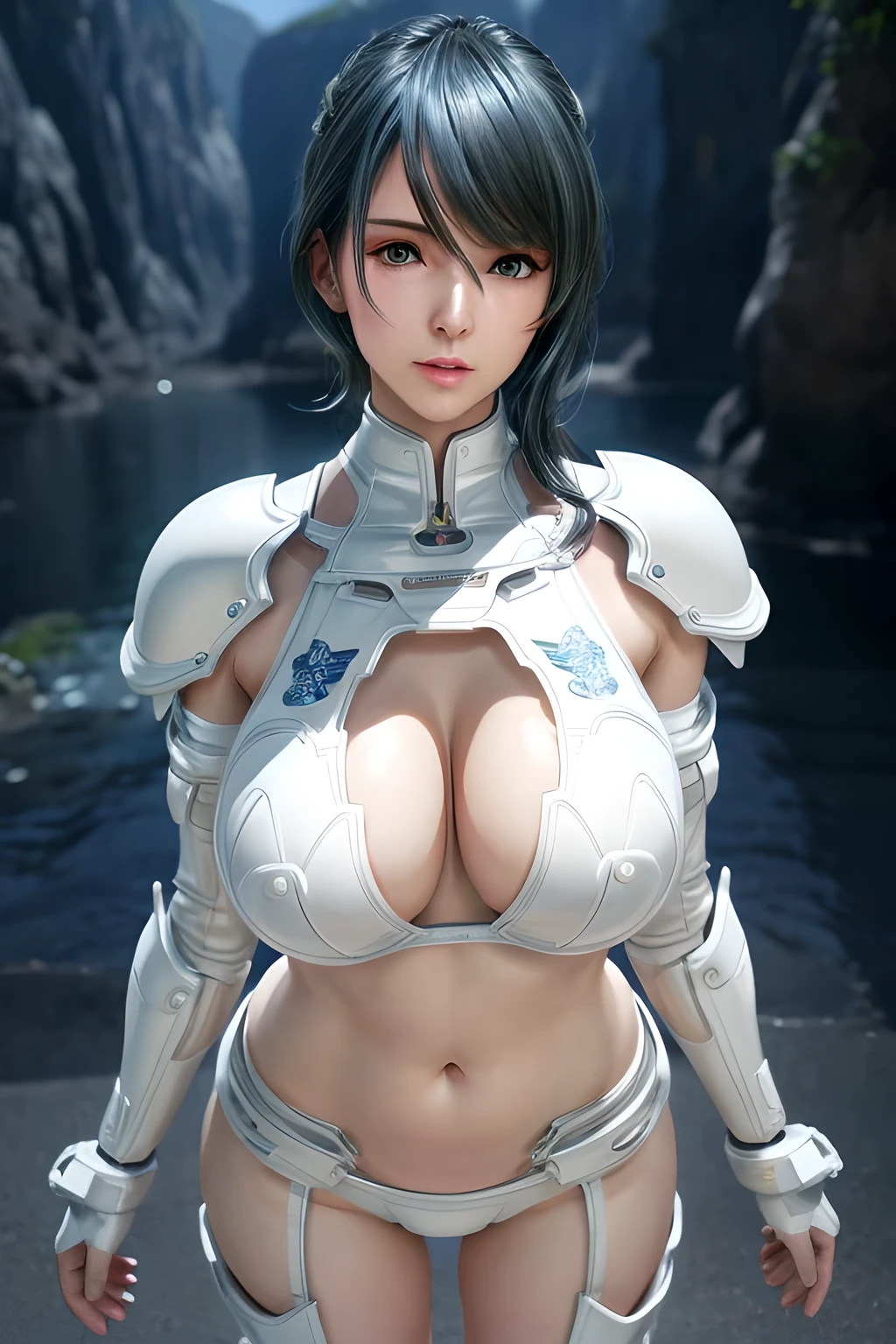 1girl, wearing sleek white mechanical armor, mecha luster, detailed belly button, prominent cleavage, huge breasts, Tamaki, beautiful detailed eyes, beautiful detailed lips, extremely detailed face, long eyelashes, dynamic pose, dramatic lighting, cinematic, epic scale, highly detailed, 8k, photorealistic, professional digital art, masterpiece, science fiction, futuristic, advanced technology