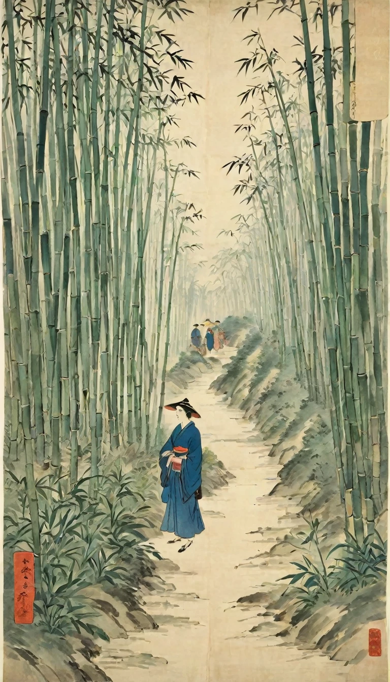 Katsushika Hokusai、vague、Mont、forest、bamboo forest、road、roadに咲く花、People passing by々、Ink and watercolor、Light tones、Large brush letters、Chinese Text、Ink Painting、書road,、Chinese character、Fading of Japanese paper、Washi paper folds