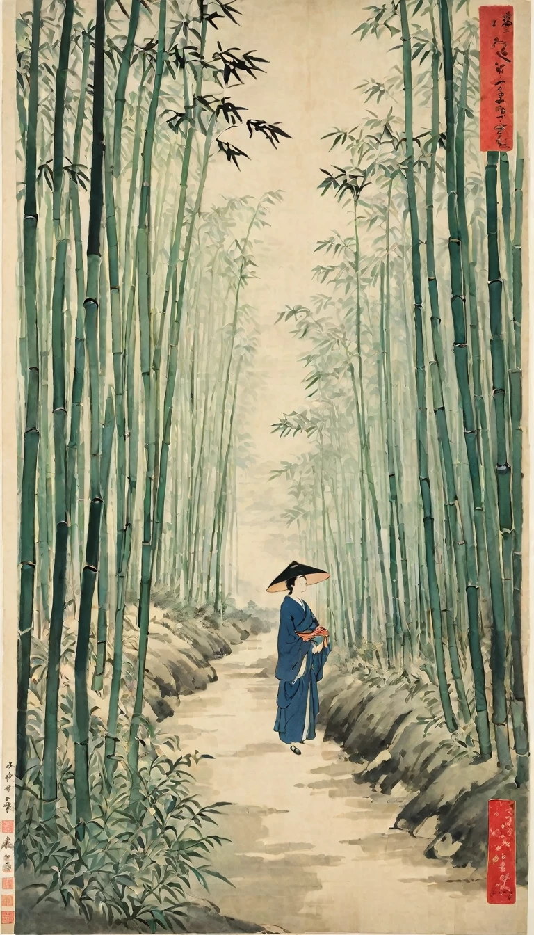 Katsushika Hokusai、vague、Mont、forest、bamboo forest、road、roadに咲く花、People passing by々、Ink and watercolor、Light tones、Large brush letters、Chinese Text、Ink Painting、書road,、Chinese character、Fading of Japanese paper、Washi paper folds