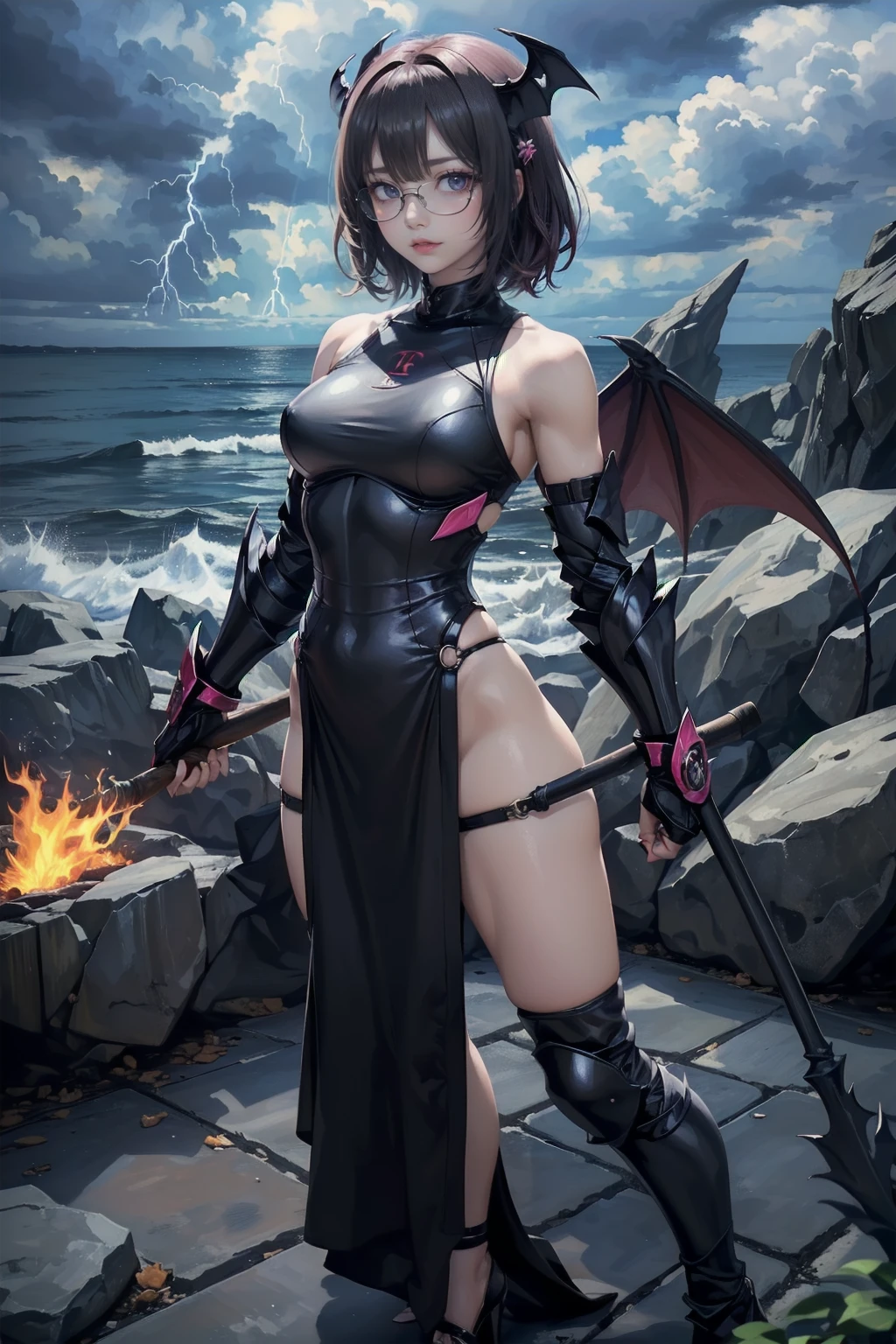 (One girl, alone, alone), (Risa Wakatsuki, Sarada Uchiha, Black Hair, short hair, Iris, (Small breasts), Red glasses), ((alone, (1 Female,Pink lipstick, Iris), Very detailed , Soft indirect lighting, 4K, Perfect Eyes, Perfect Face, Perfect lighting, The first girl)), ((Fitness, , Shapely body, An athletic body, Toned body)) , ((Warrior Woman, Black Plate Armor, Dark Metal Armor, Full Armor, Armor Gauntlet, Armor greaves, Armor Breastplate, Succubus, Bat Wings, Red Horn, Devil Girl, Holding a stick, lightning, Burning Club, Cloudy, storm, frame, water, Ocean, rock, Pillar, High heels, Black Dress ))