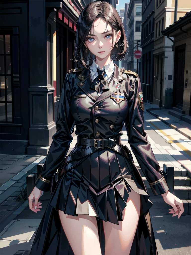military uniform, absurdres, RAW photo, extremely delicate and beautiful, masterpiece, Best Quality, ultra high resolution, 32k, hyperrealistic, ultra-detailed, detailed description, pale skin, 20 years old, tearful mole, earring, Colossal tits, short medium hair, wavy hair, pleated skirt,