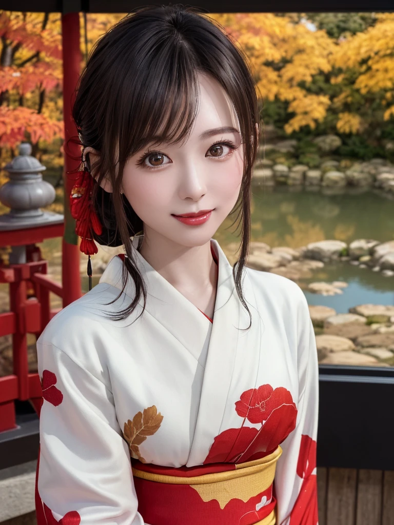 (Highest quality、8k、32K、masterpiece)、(Realistic)、(Realistic:1.2)、(High resolution)、Very detailed、Very beautiful face and eyes、(((Female solo shot)))、Frame In、Tight waist、(Highest quality、Attention to detail、Rich skin detail)、(Highest quality、8k、Oil paints:1.2)、(Realistic、Realistic:1.37)、Bright colors、(((Bust Shot)))、(((Medium Hair)))、(((smile)))、(((Black Hair)))、(((Red kimono)))、(((White and red kimono)))、(((Japanese garden)))、(((Autumn scenery)))、(((The appearance of a Japanese woman)))、