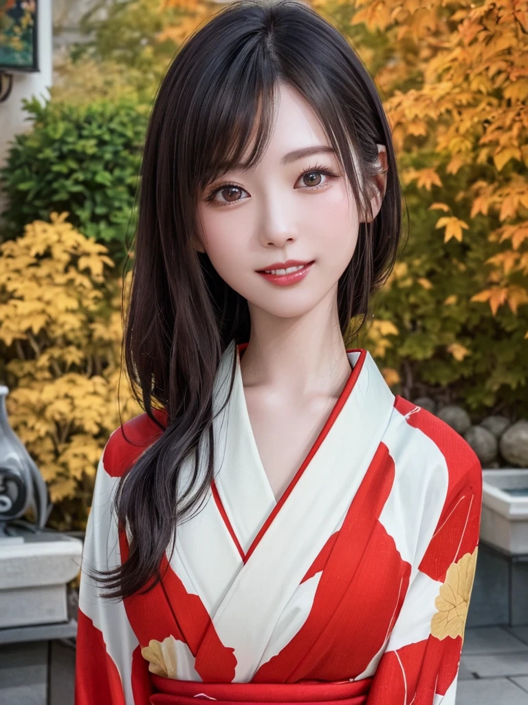 (Highest quality、8k、32K、masterpiece)、(Realistic)、(Realistic:1.2)、(High resolution)、Very detailed、Very beautiful face and eyes、(((Female solo shot)))、Frame In、Tight waist、(Highest quality、Attention to detail、Rich skin detail)、(Highest quality、8k、Oil paints:1.2)、(Realistic、Realistic:1.37)、Bright colors、(((Bust Shot)))、(((Medium Hair)))、(((smile)))、(((Black Hair)))、(((Red kimono)))、(((White and red kimono)))、(((Japanese garden)))、(((Autumn scenery)))、(((The appearance of a Japanese woman)))、